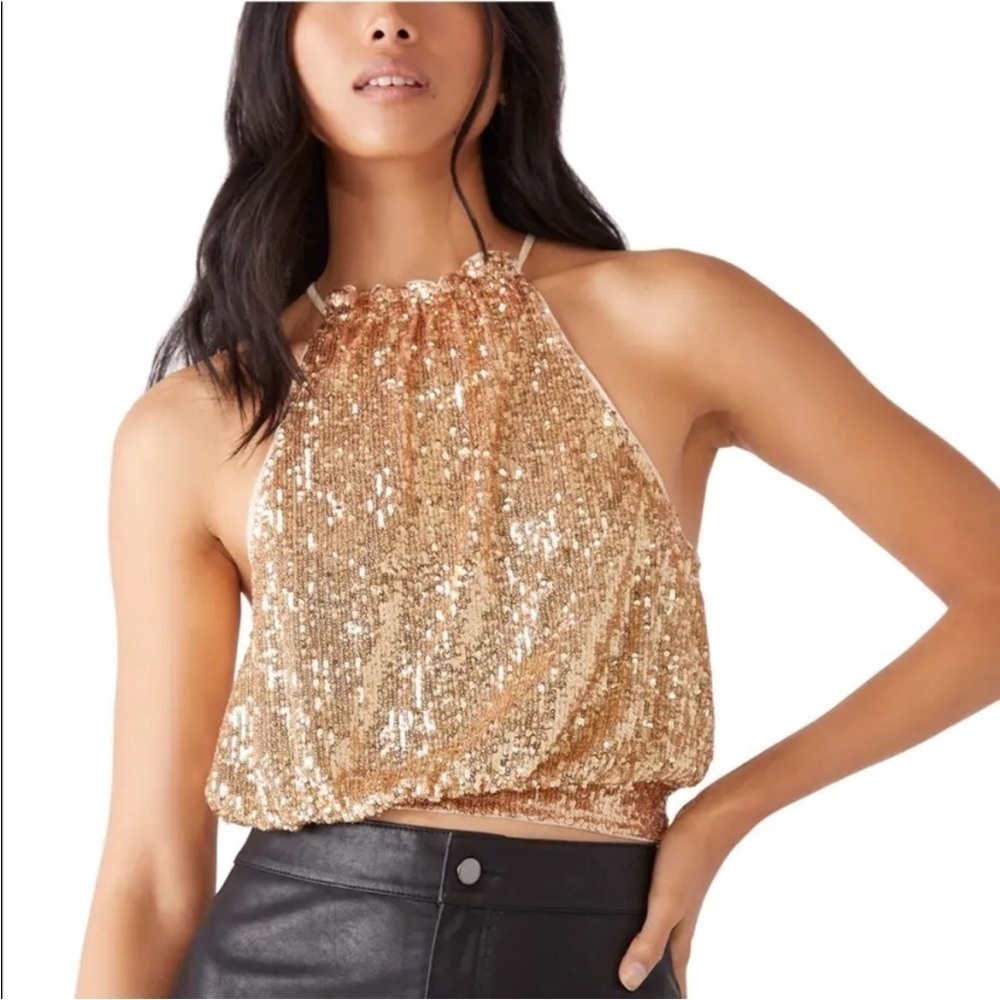 Free People Gold Sleeveless Halter Sequin Top Size XS NWT